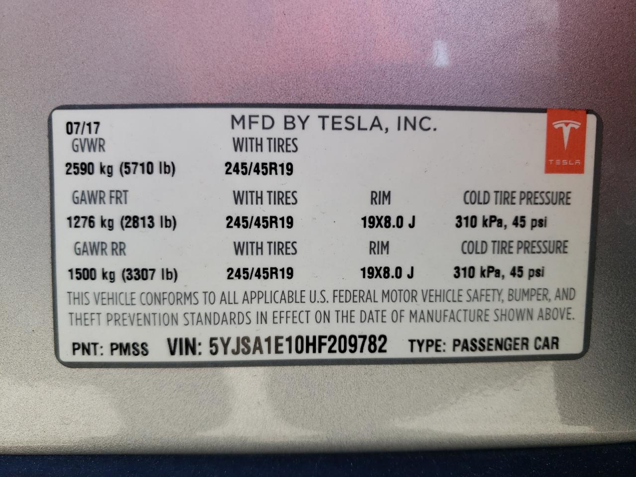 Photo 10 from auction – 2017 TESLA MODEL S with VIN 5YJSA1E10HF209782