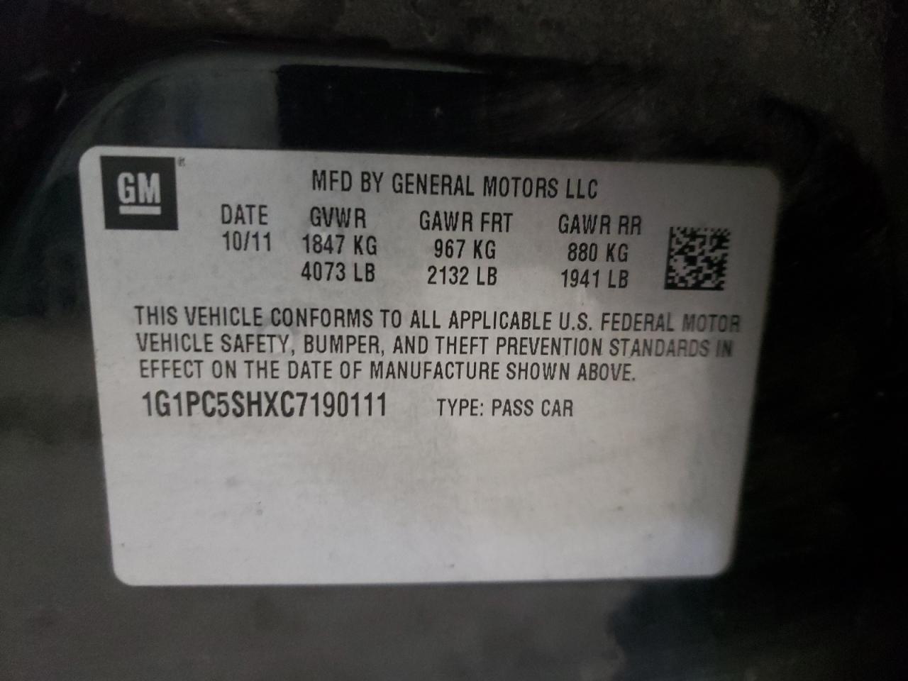Photo 10 from auction – 2012 CHEVROLET CRUZE with VIN 1G1PC5SHXC7190111