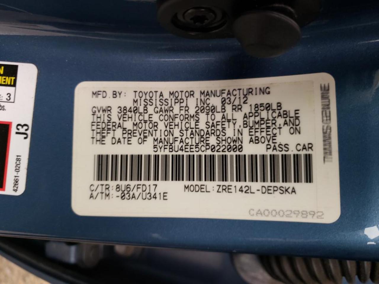 Photo 10 from auction – 2012 TOYOTA COROLLA BA with VIN 5YFBU4EE5CP022000