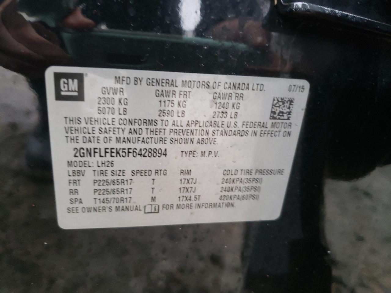 Photo 10 from auction – 2015 CHEVROLET EQUINOX LT with VIN 2GNFLFEK5F6428894