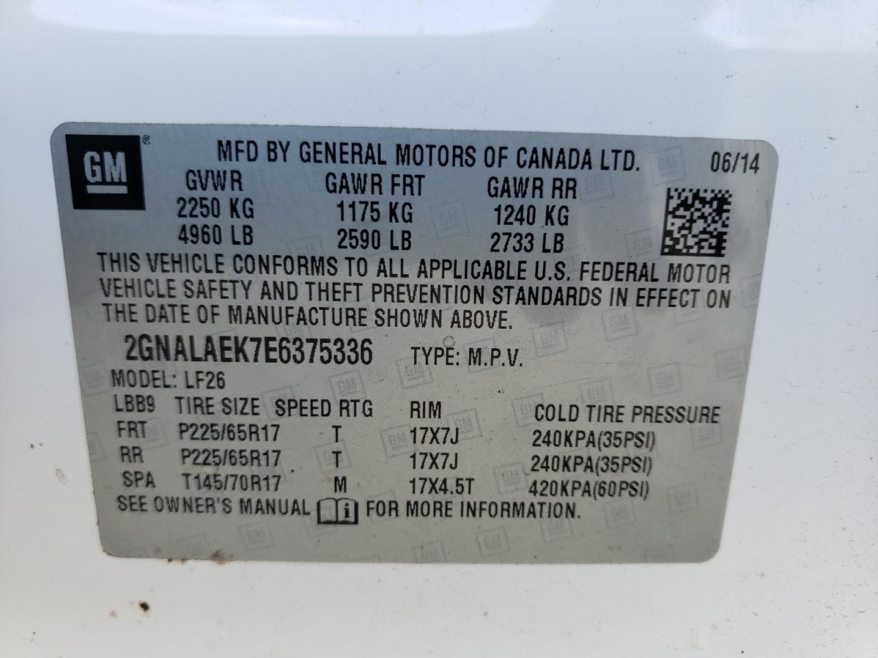 Photo 10 from auction – 2014 CHEVROLET EQUINOX LS with VIN 2GNALAEK7E6375336