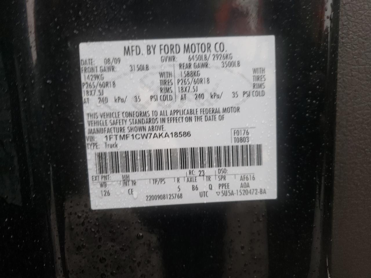 Photo 10 from auction – 2010 FORD F150 with VIN 1FTMF1CW7AKA18586