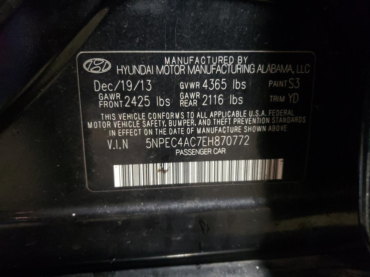 Photo 10 from auction – 2014 HYUNDAI SONATA SE with VIN 5NPEC4AC7EH870772