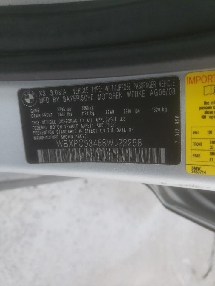 Photo 10 from auction – 2008 BMW X3 3.0SI with VIN WBXPC93458WJ22258