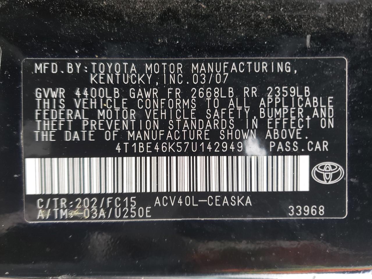 Photo 10 from auction – 2007 TOYOTA CAMRY with VIN 4T1BE46K57U142949
