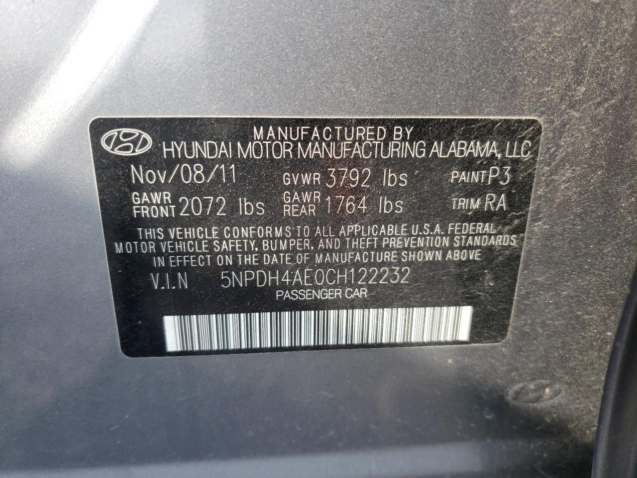 Photo 10 from auction – 2012 HYUNDAI ELANTRA GL with VIN 5NPDH4AE0CH122232