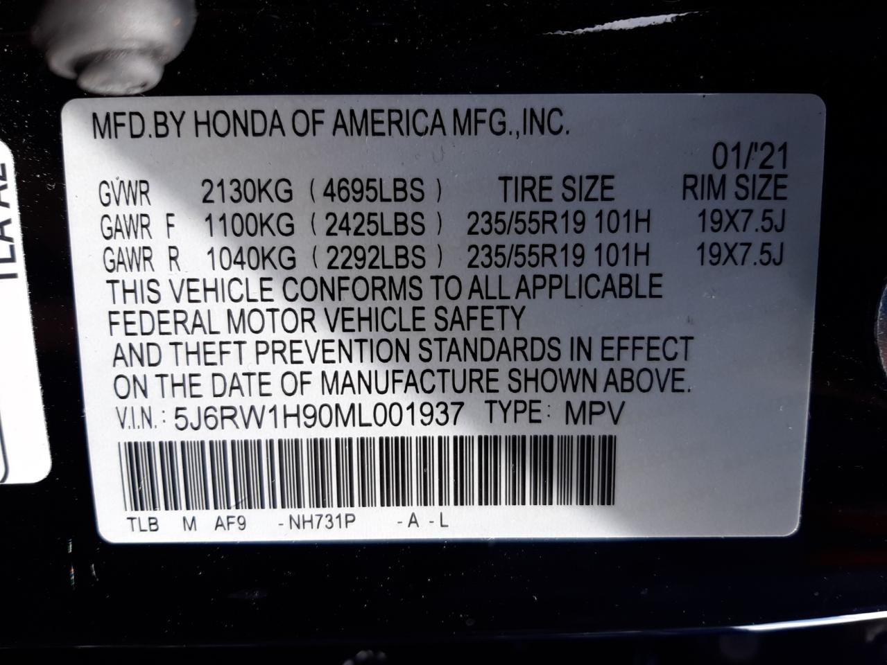 Photo 10 from auction – 2021 HONDA CRV with VIN 5J6RW1H90ML001937