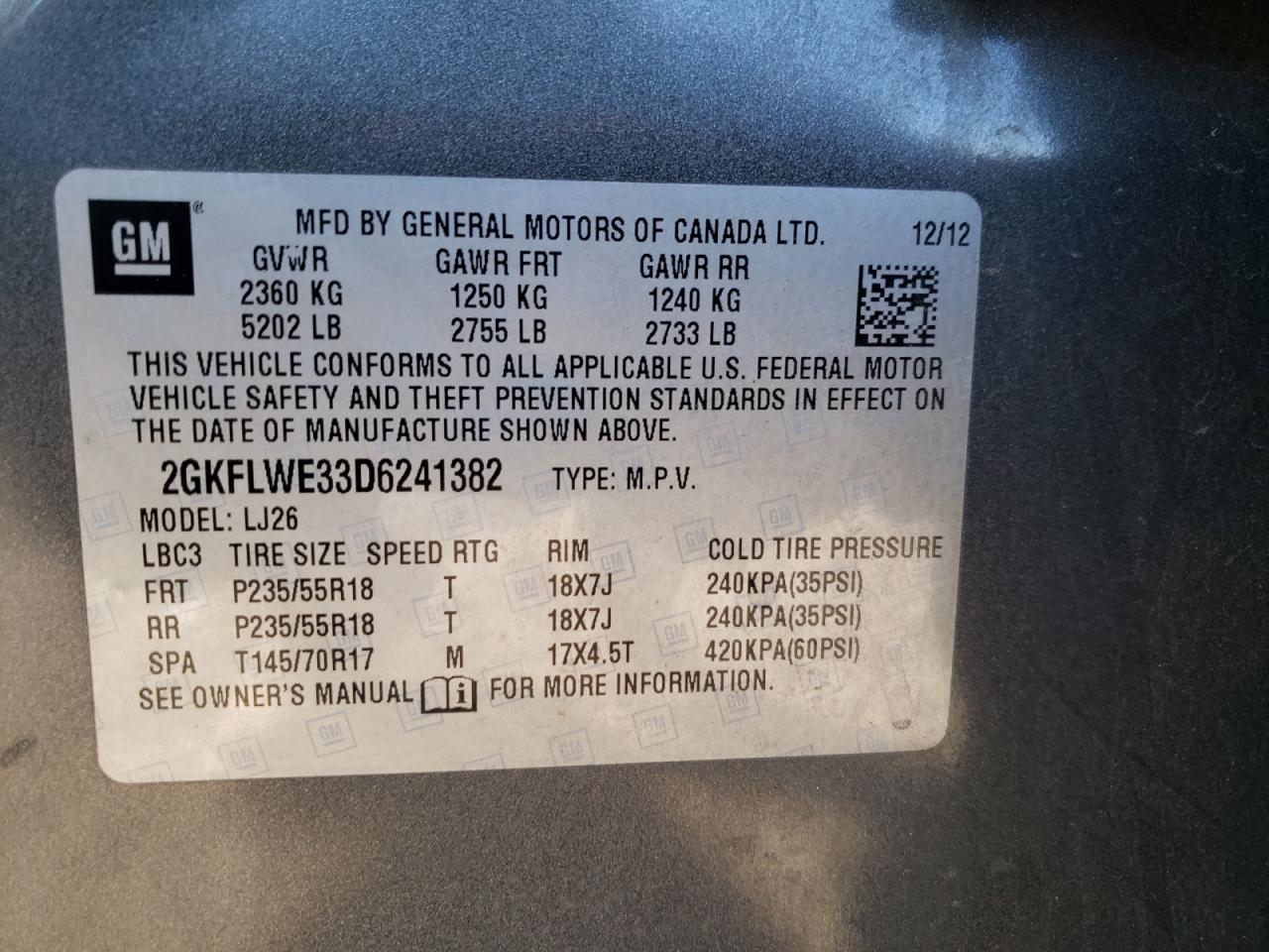 Photo 10 from auction – 2013 GMC TERRAIN SL with VIN 2GKFLWE33D6241382