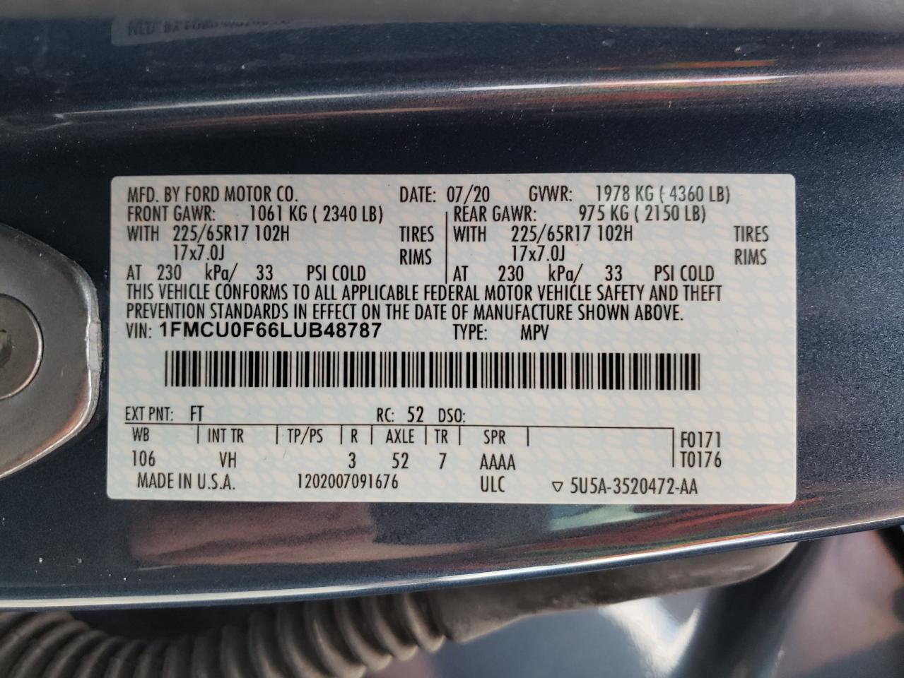 Photo 10 from auction – 2020 FORD ESCAPE S with VIN 1FMCU0F66LUB48787