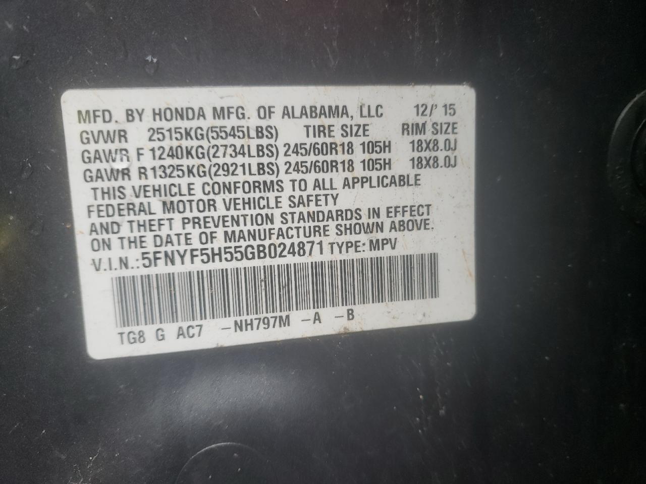 Photo 10 from auction – 2016 HONDA PILOT EXL with VIN 5FNYF5H55GB024871