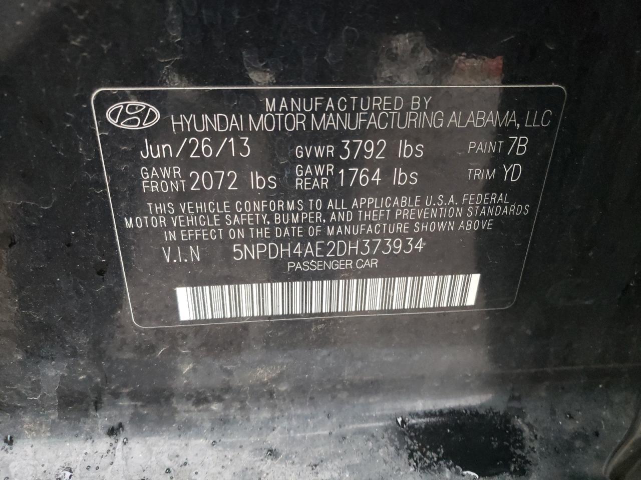 Photo 10 from auction – 2013 HYUNDAI ELANTRA GL with VIN 5NPDH4AE2DH373934