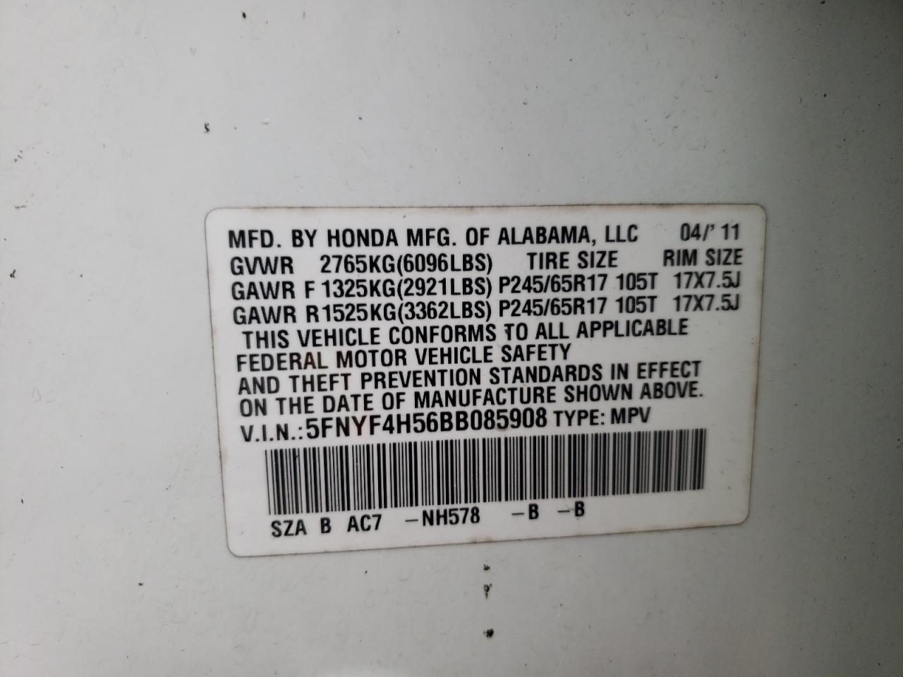 Photo 10 from auction – 2011 HONDA PILOT EXL with VIN 5FNYF4H56BB085908