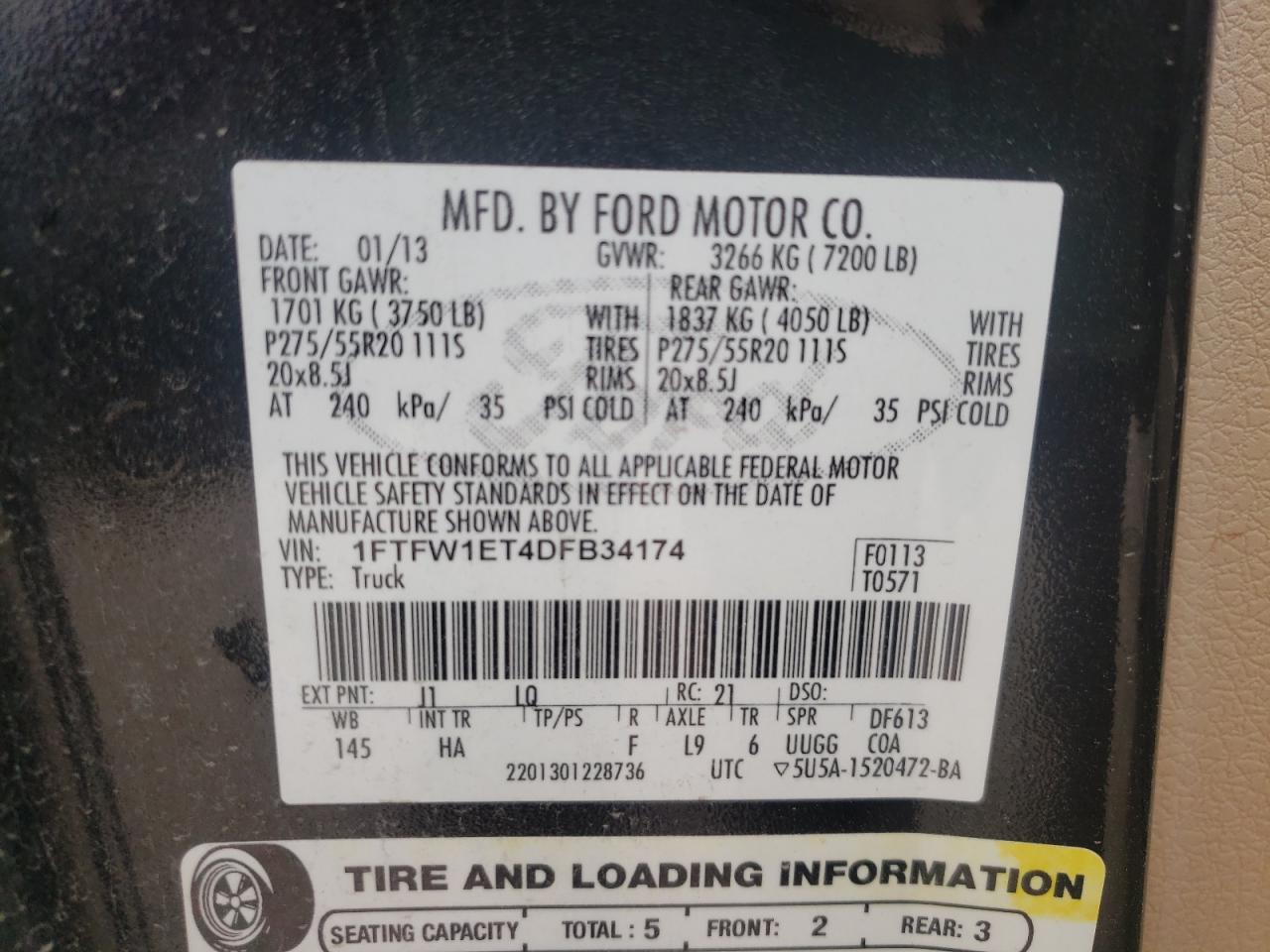 Photo 10 from auction – 2013 FORD F150 SUPER with VIN 1FTFW1ET4DFB34174