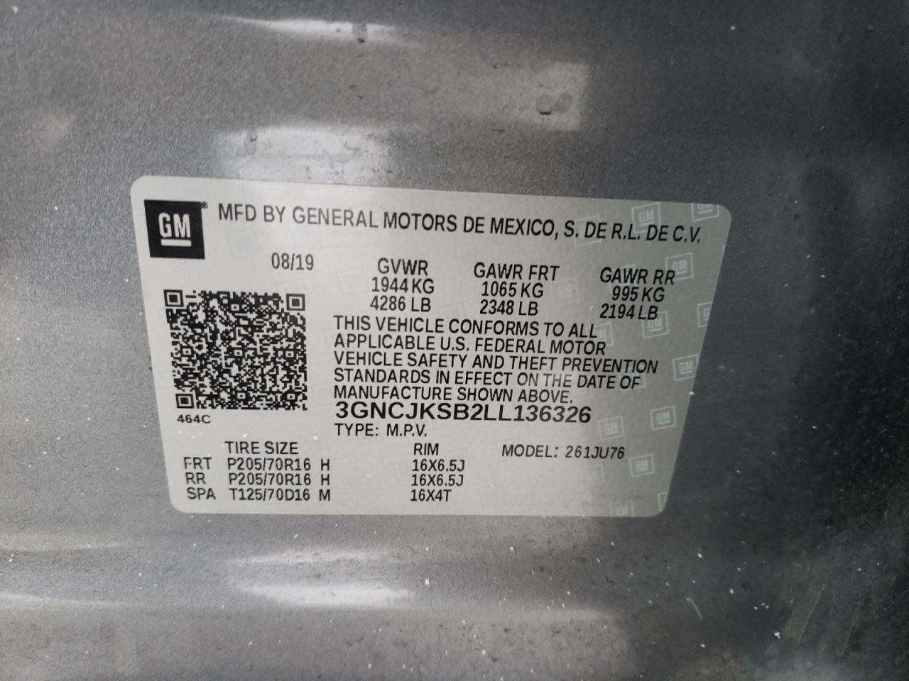 Photo 10 from auction – 2020 CHEVROLET TRAX LS with VIN 3GNCJKSB2LL136326