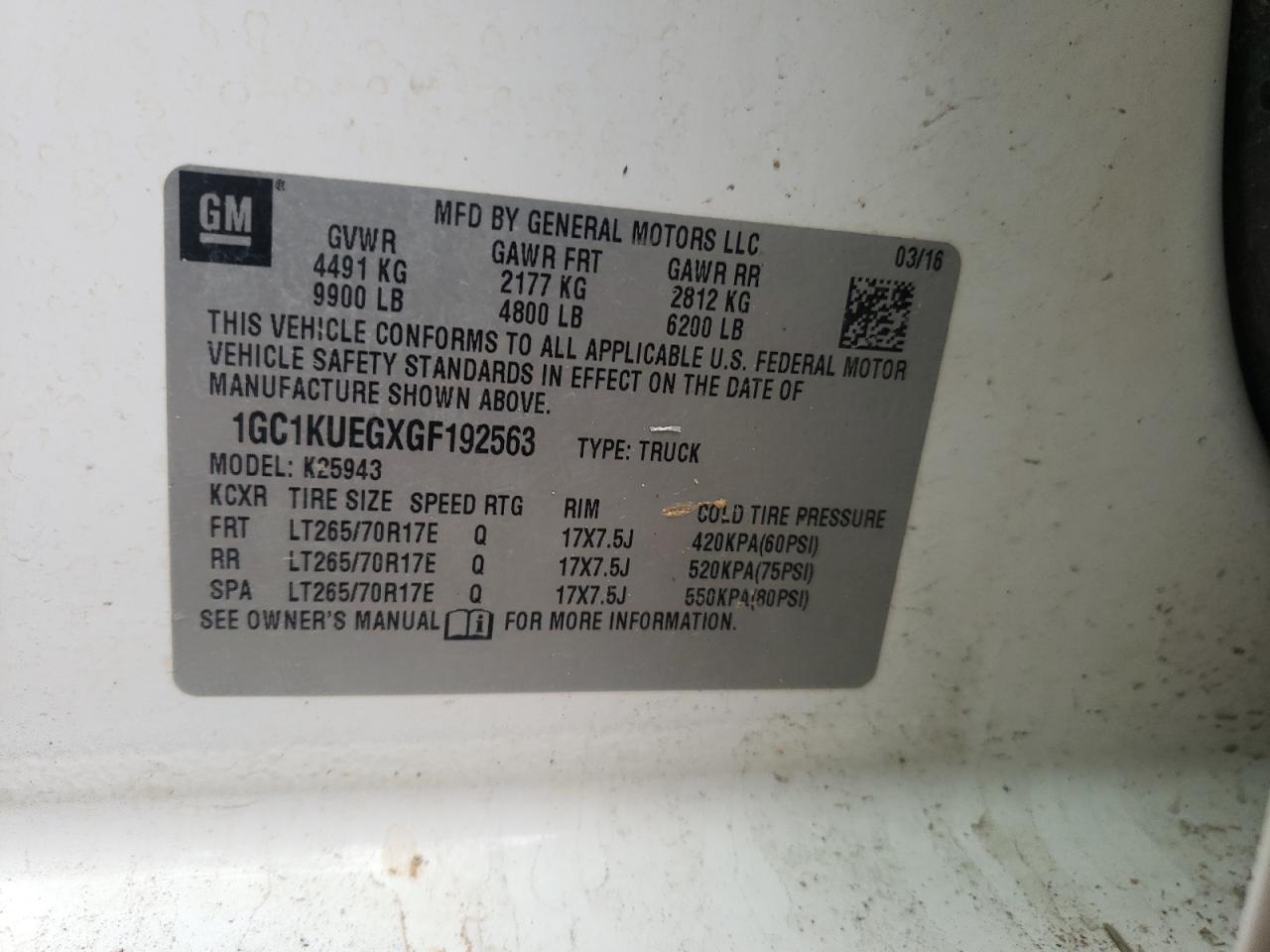 Photo 10 from auction – 2016 CHEVROLET SILVERADO with VIN 1GC1KUEGXGF192563