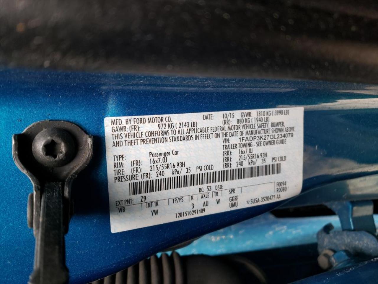Photo 10 from auction – 2016 FORD FOCUS SE with VIN 1FADP3K27GL234079