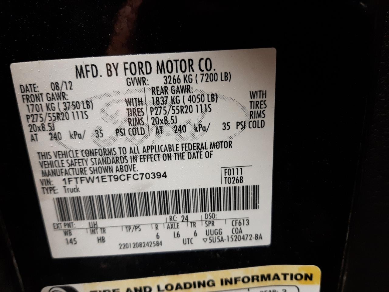Photo 10 from auction – 2012 FORD F150 SUPER with VIN 1FTFW1ET9CFC70394