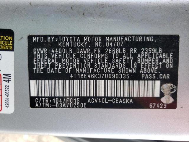 Photo 10 from auction – 2007 TOYOTA CAMRY CE with VIN 4T1BE46K37U690335