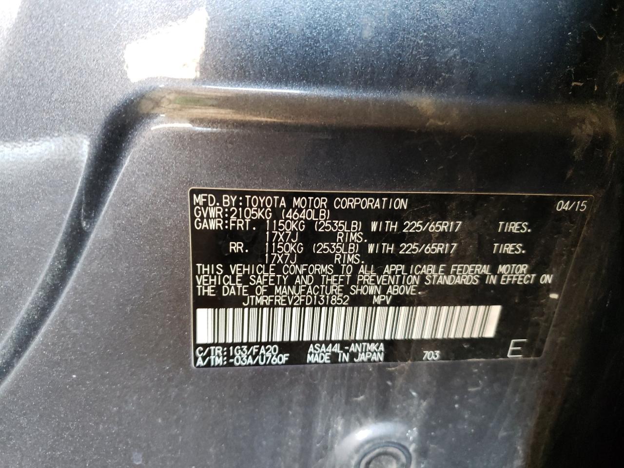 Photo 10 from auction – 2015 TOYOTA RAV4 XLE with VIN JTMRFREV2FD131852