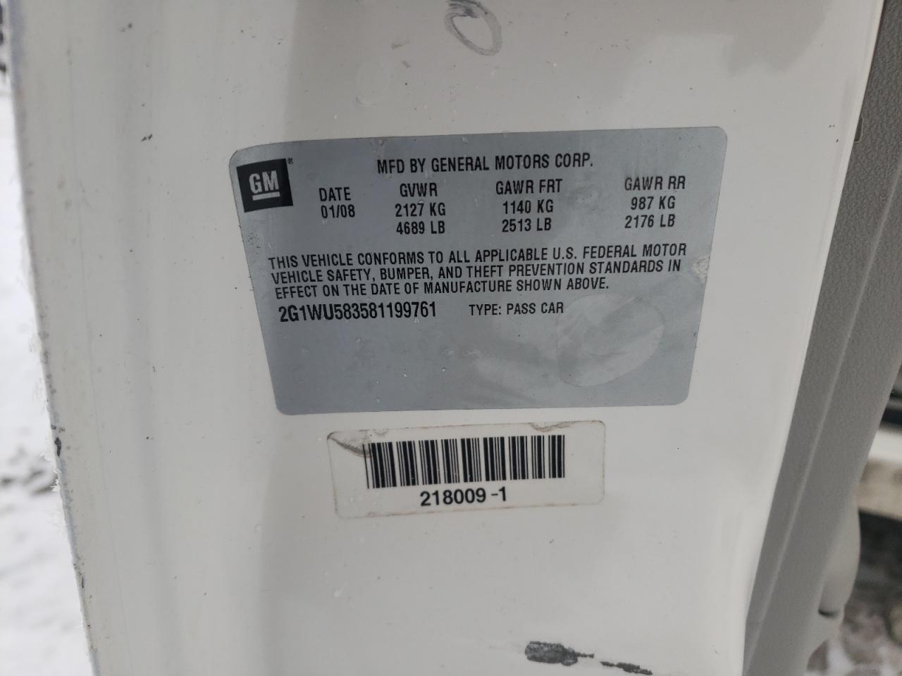 Photo 10 from auction – 2008 CHEVROLET IMPALA LTZ with VIN 2G1WU583581199761