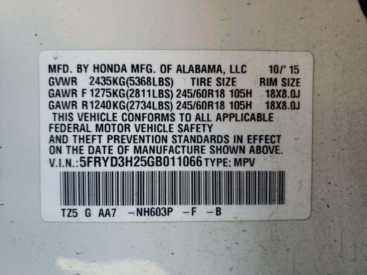 Photo 10 from auction – 2016 ACURA MDX with VIN 5FRYD3H25GB011066