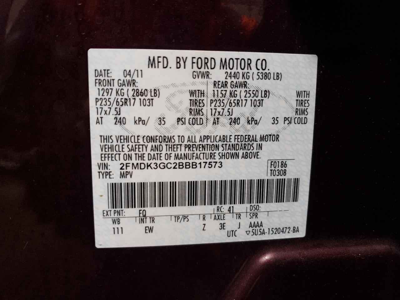 Photo 10 from auction – 2011 FORD EDGE SE with VIN 2FMDK3GC2BBB17573
