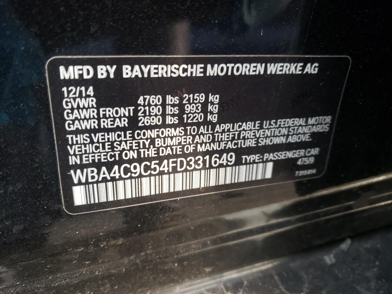 Photo 10 from auction – 2015 BMW 428 XI GRA with VIN WBA4C9C54FD331649