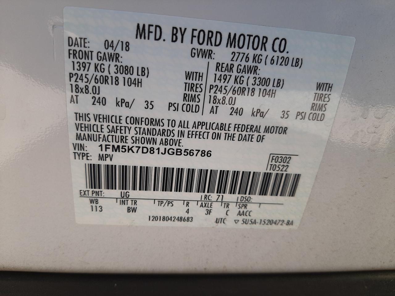 Photo 10 from auction – 2018 FORD EXPLORER X with VIN 1FM5K7D81JGB56786