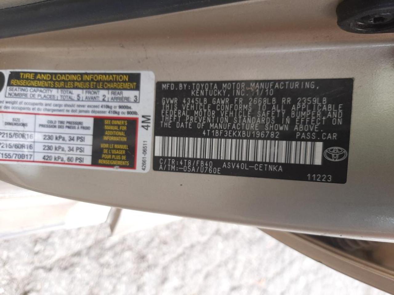 Photo 10 from auction – 2011 TOYOTA CAMRY BASE with VIN 4T1BF3EKXBU196782