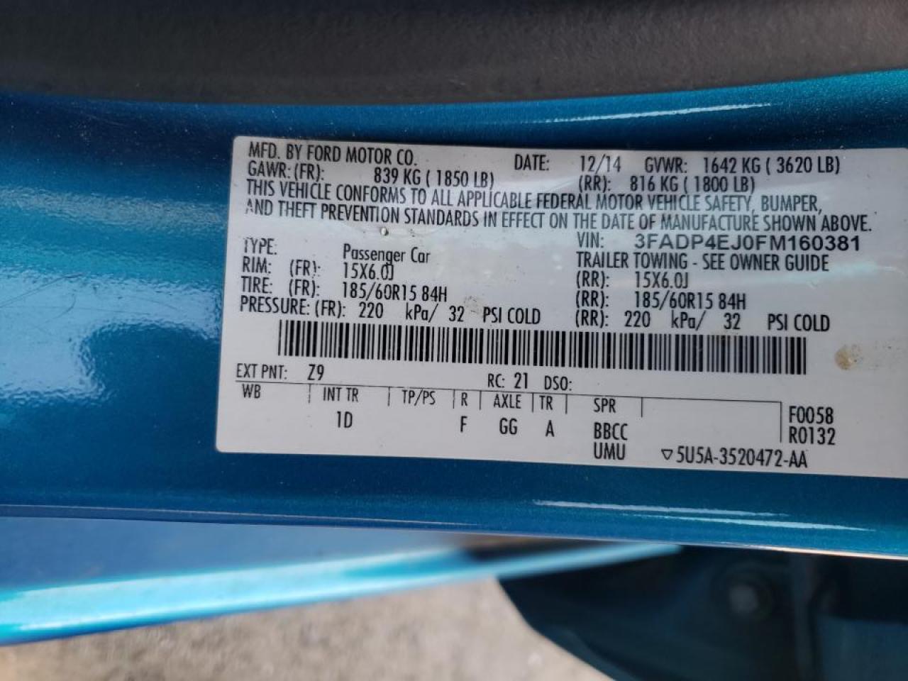 Photo 10 from auction – 2015 FORD FIESTA SE with VIN 3FADP4EJ0FM160381