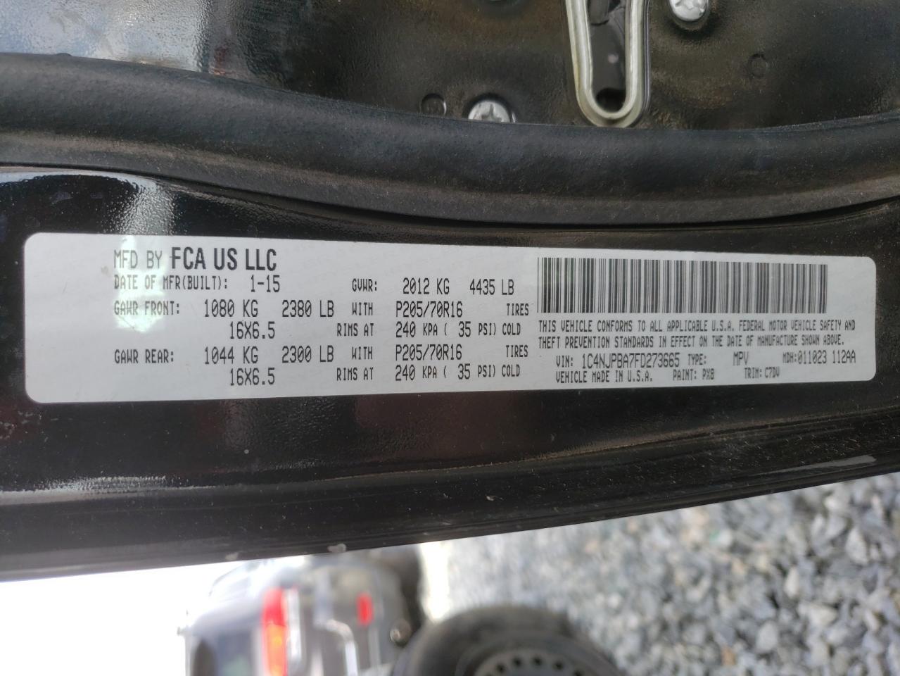 Photo 10 from auction – 2015 JEEP PATRIOT SP with VIN 1C4NJPBA7FD273665