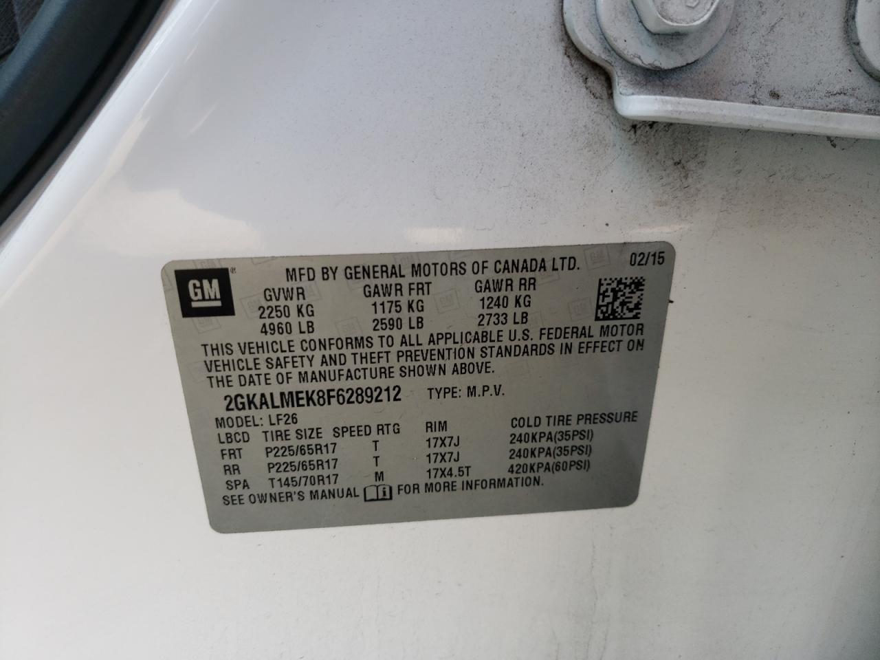 Photo 10 from auction – 2015 GMC TERRAIN SL with VIN 2GKALMEK8F6289212