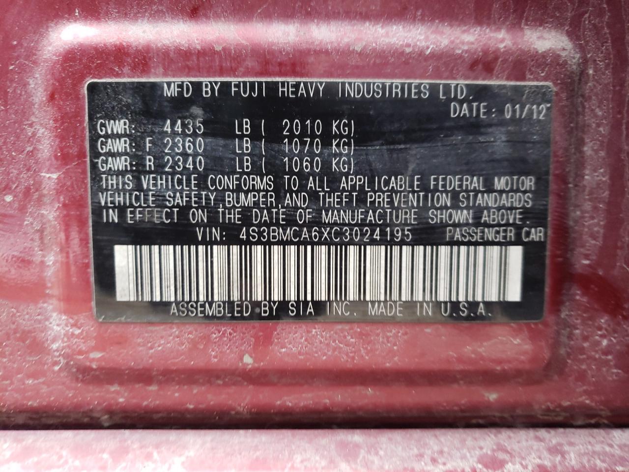 Foto 10 de la subasta – 2012 SUBARU LEGACY 2.5 con VIN 4S3BMCA6XC3024195