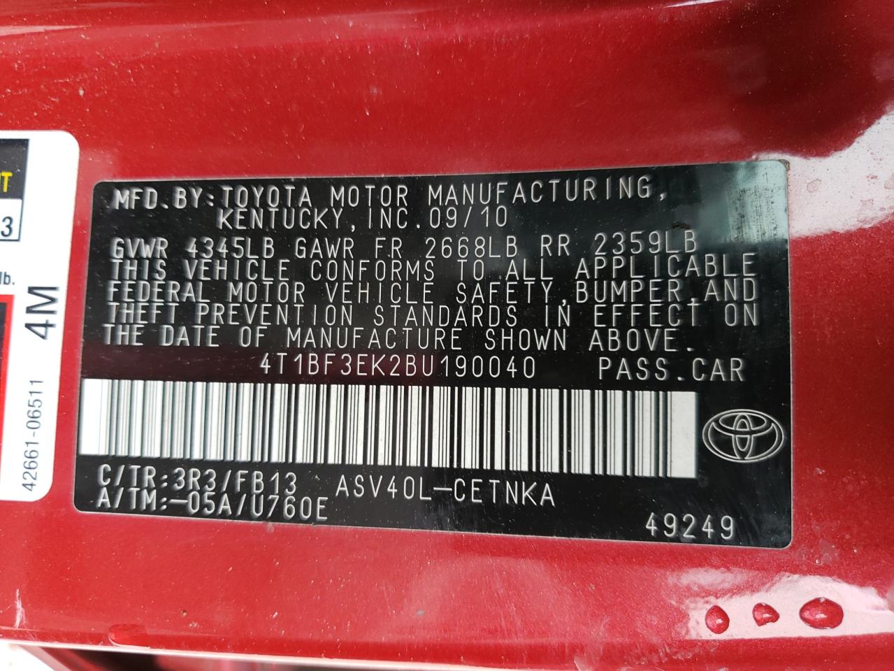 Photo 10 from auction – 2011 TOYOTA CAMRY BASE with VIN 4T1BF3EK2BU190040