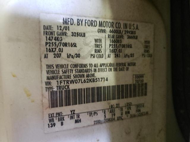 Photo 10 from auction – 2002 FORD F150 SUPER with VIN 1FTRW07L62KB51714