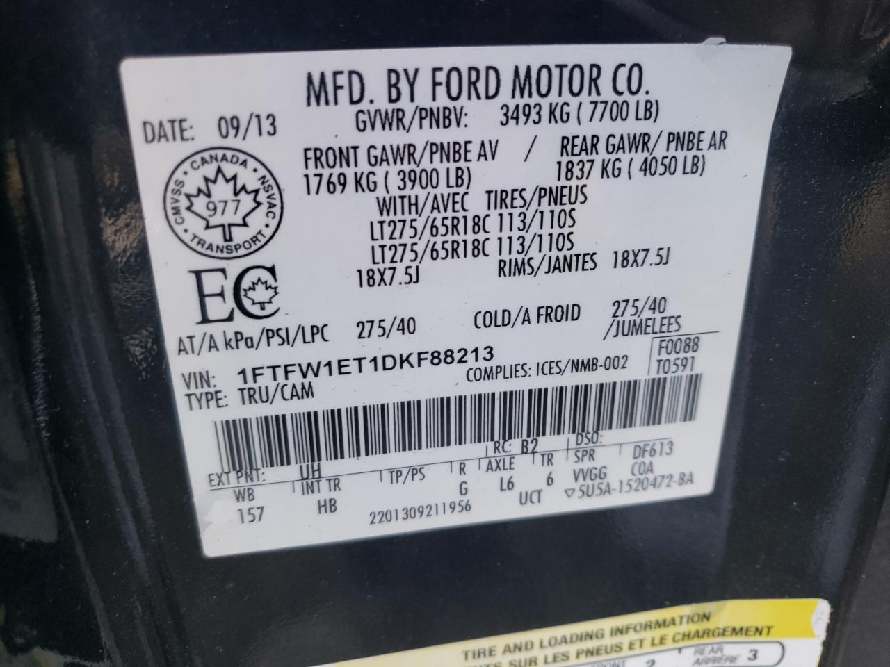Photo 10 from auction – 2013 FORD F150 SUPER with VIN 1FTFW1ET1DKF88213
