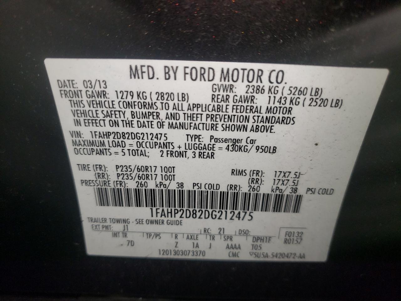 Photo 10 from auction – 2013 FORD TAURUS SE with VIN 1FAHP2D82DG212475