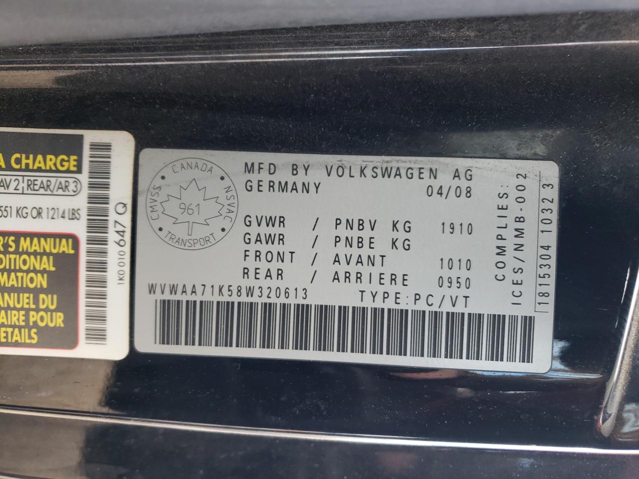 Photo 10 from auction – 2008 VOLKSWAGEN RABBIT with VIN WVWAA71K58W320613