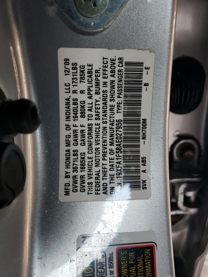 Photo 10 from auction – 2010 HONDA CIVIC LX with VIN 19XFA1F58AE027956