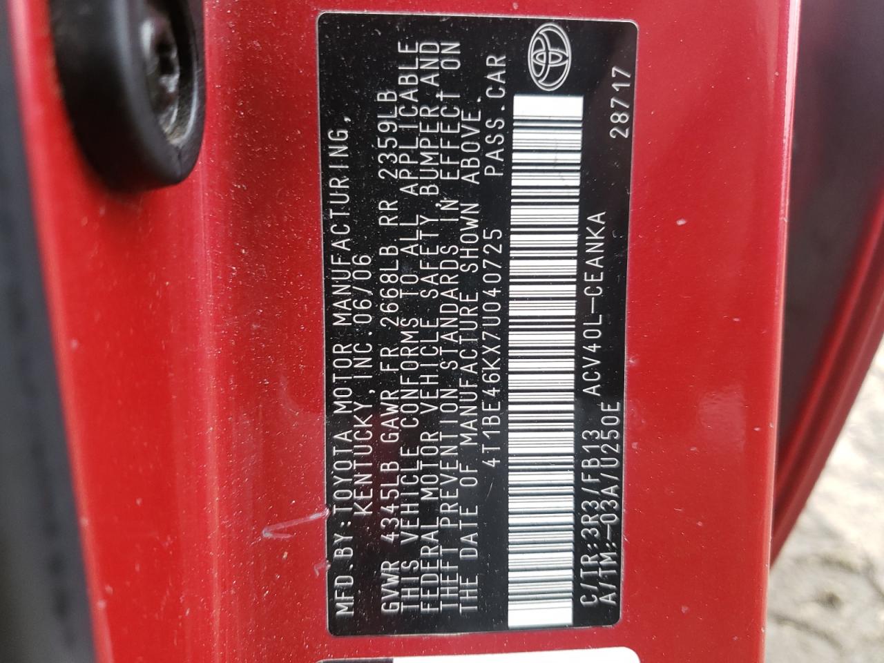 Photo 10 from auction – 2007 TOYOTA CAMRY CE with VIN 4T1BE46KX7U040725