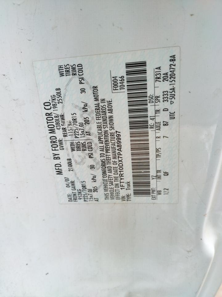Photo 10 from auction – 2007 FORD RANGER with VIN 1FTYR10DX7PA89997