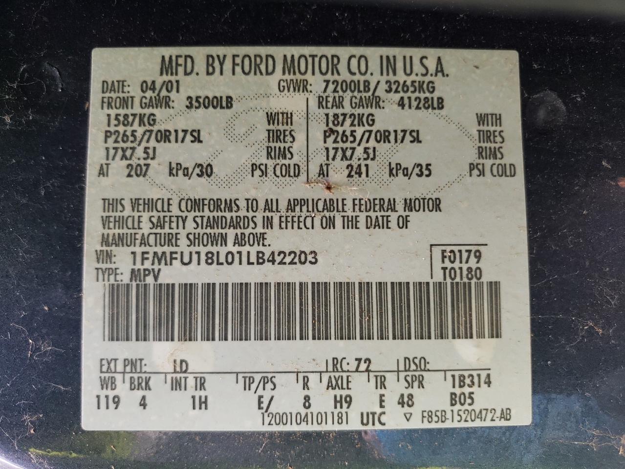 Photo 10 from auction – 2001 FORD EXPEDITION with VIN 1FMFU18L01LB42203