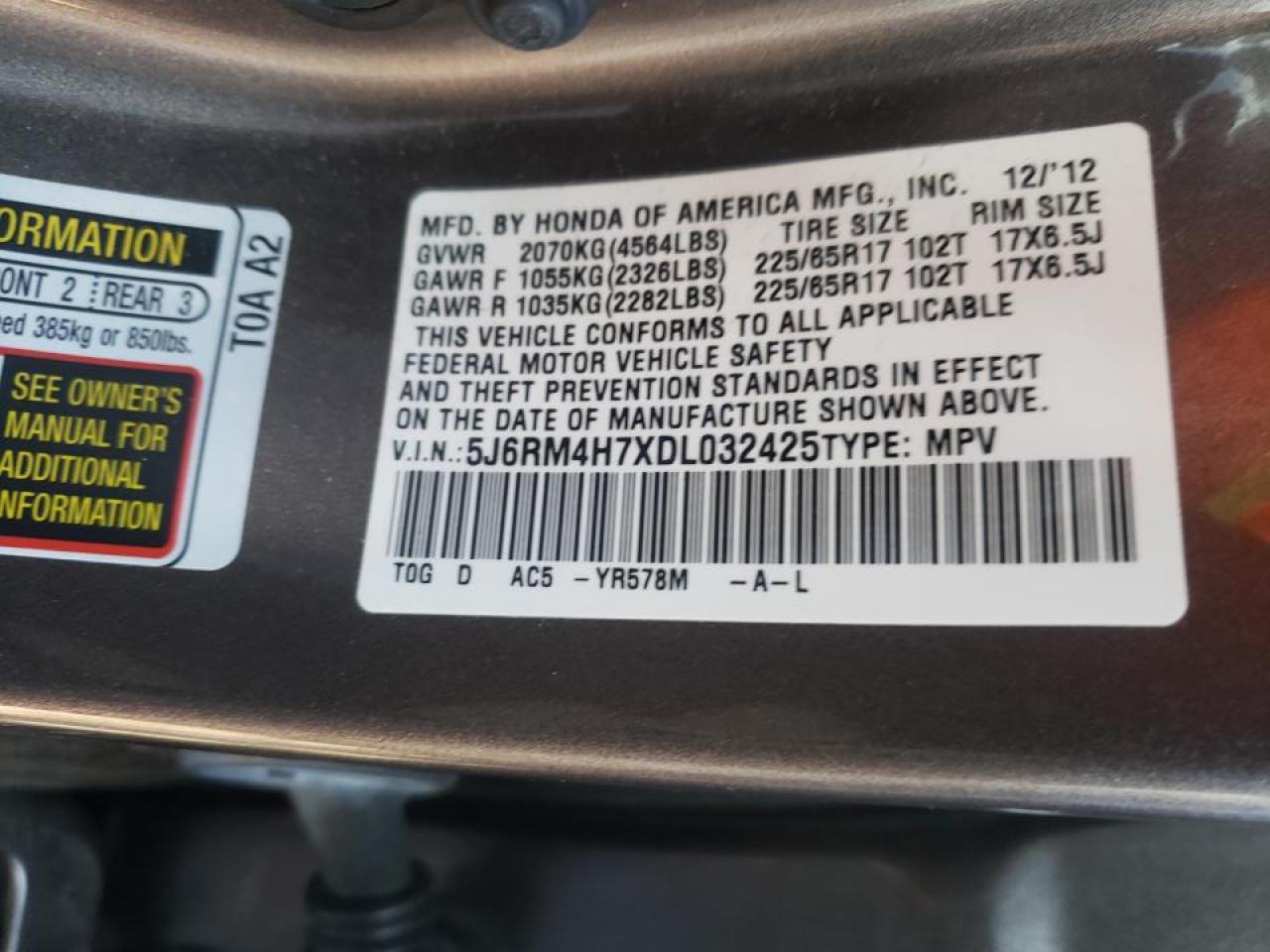 Photo 10 from auction – 2013 HONDA CR-V EXL with VIN 5J6RM4H7XDL032425