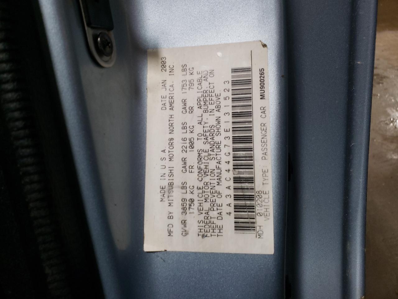 Photo 10 from auction – 2003 MITSUBISHI ECLIPSE GS with VIN 4A3AC44G73E131523