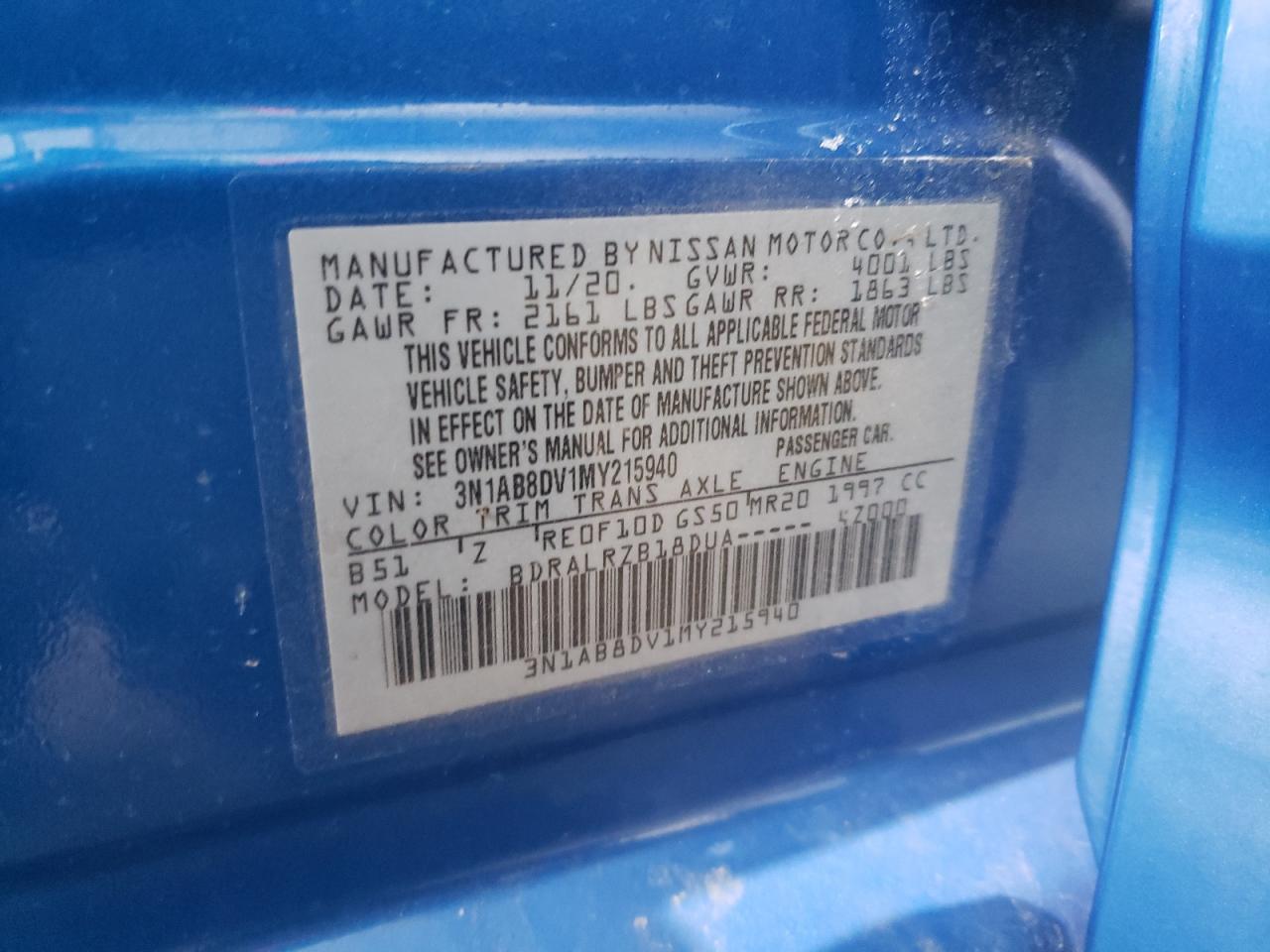 Photo 10 from auction – 2021 NISSAN SENTRA SR with VIN 3N1AB8DV1MY215940
