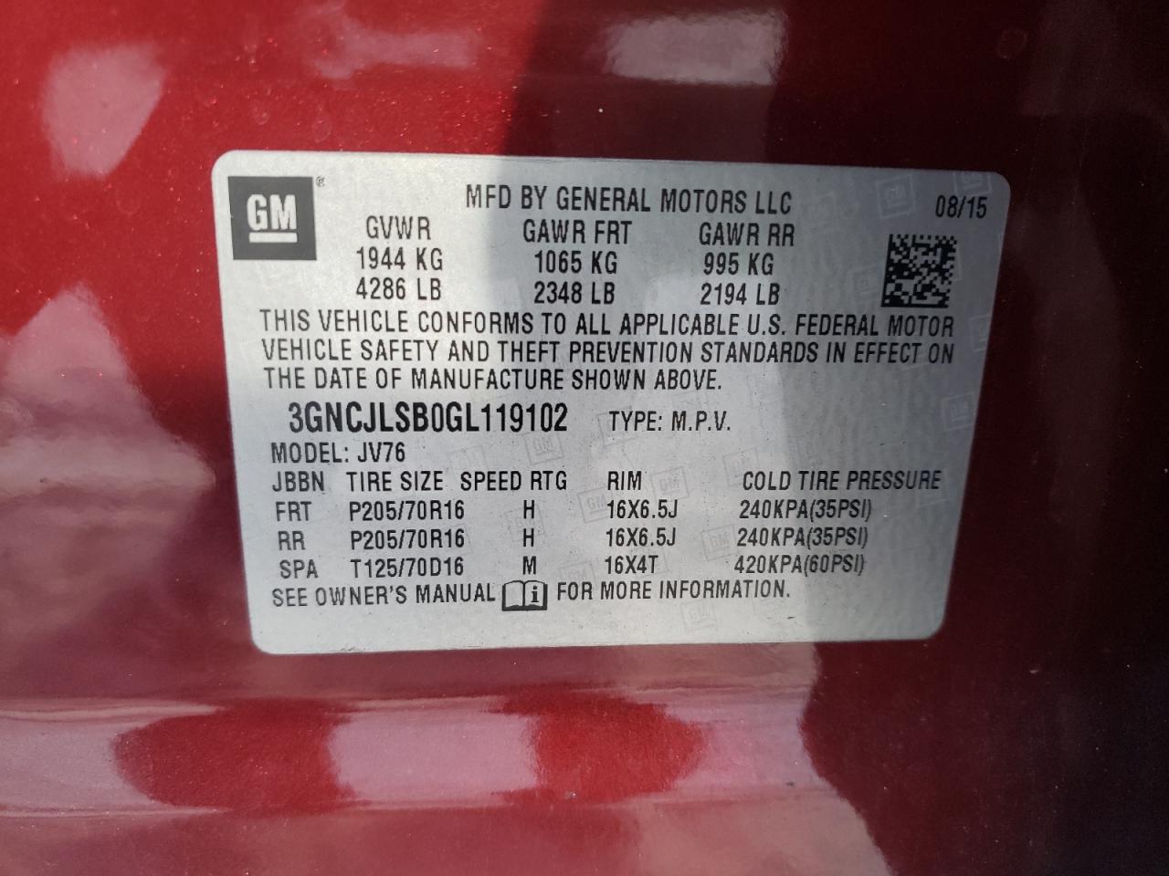 Photo 10 from auction – 2016 CHEVROLET TRAX 1LT with VIN 3GNCJLSB0GL119102