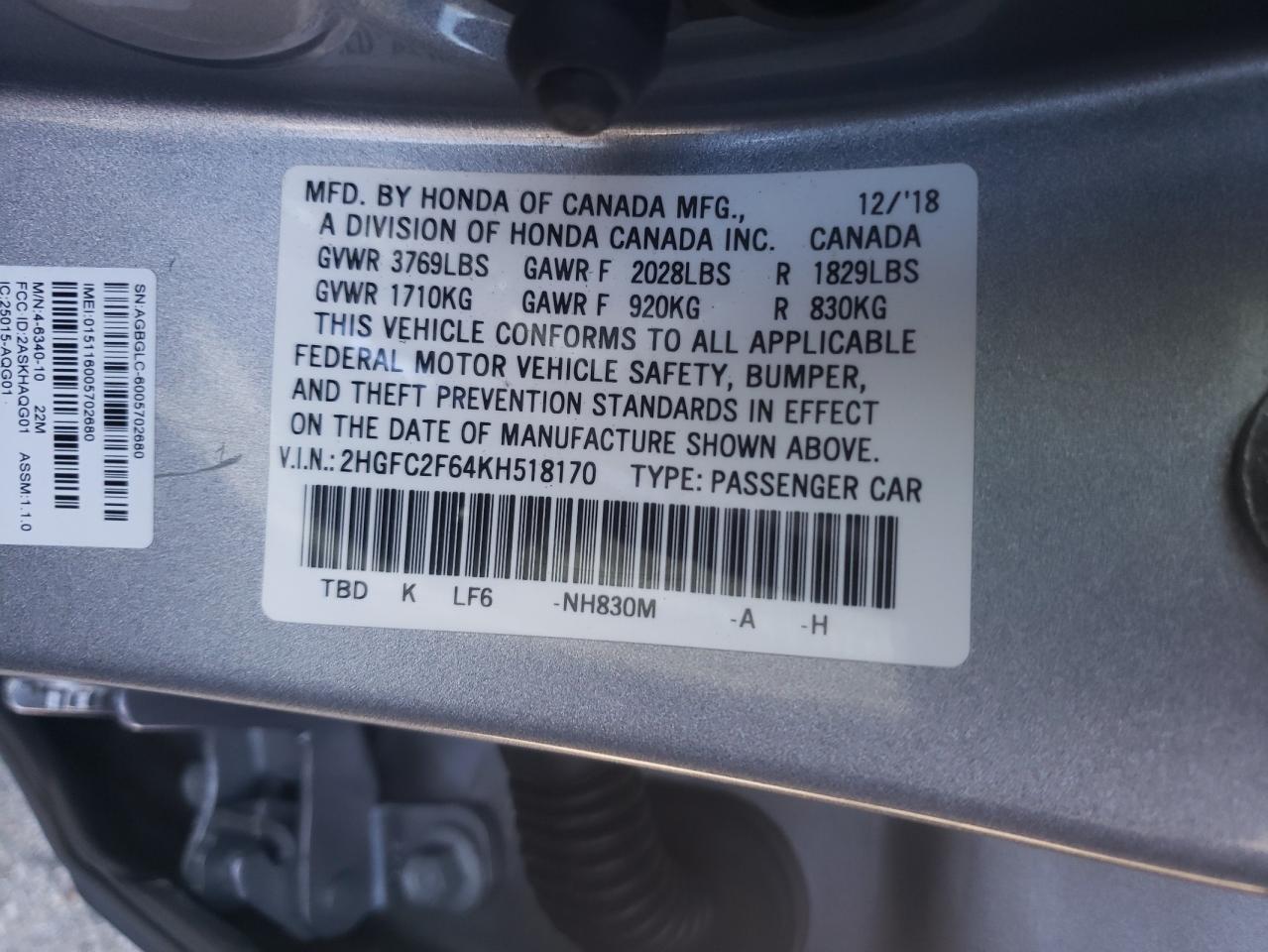 Photo 10 from auction – 2019 HONDA CIVIC LX with VIN 2HGFC2F64KH518170