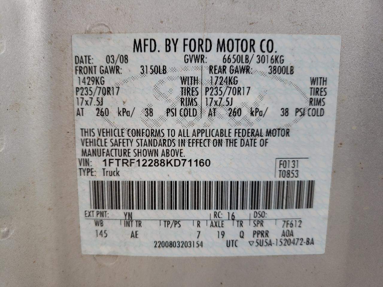 Photo 10 from auction – 2008 FORD F150 with VIN 1FTRF12288KD71160