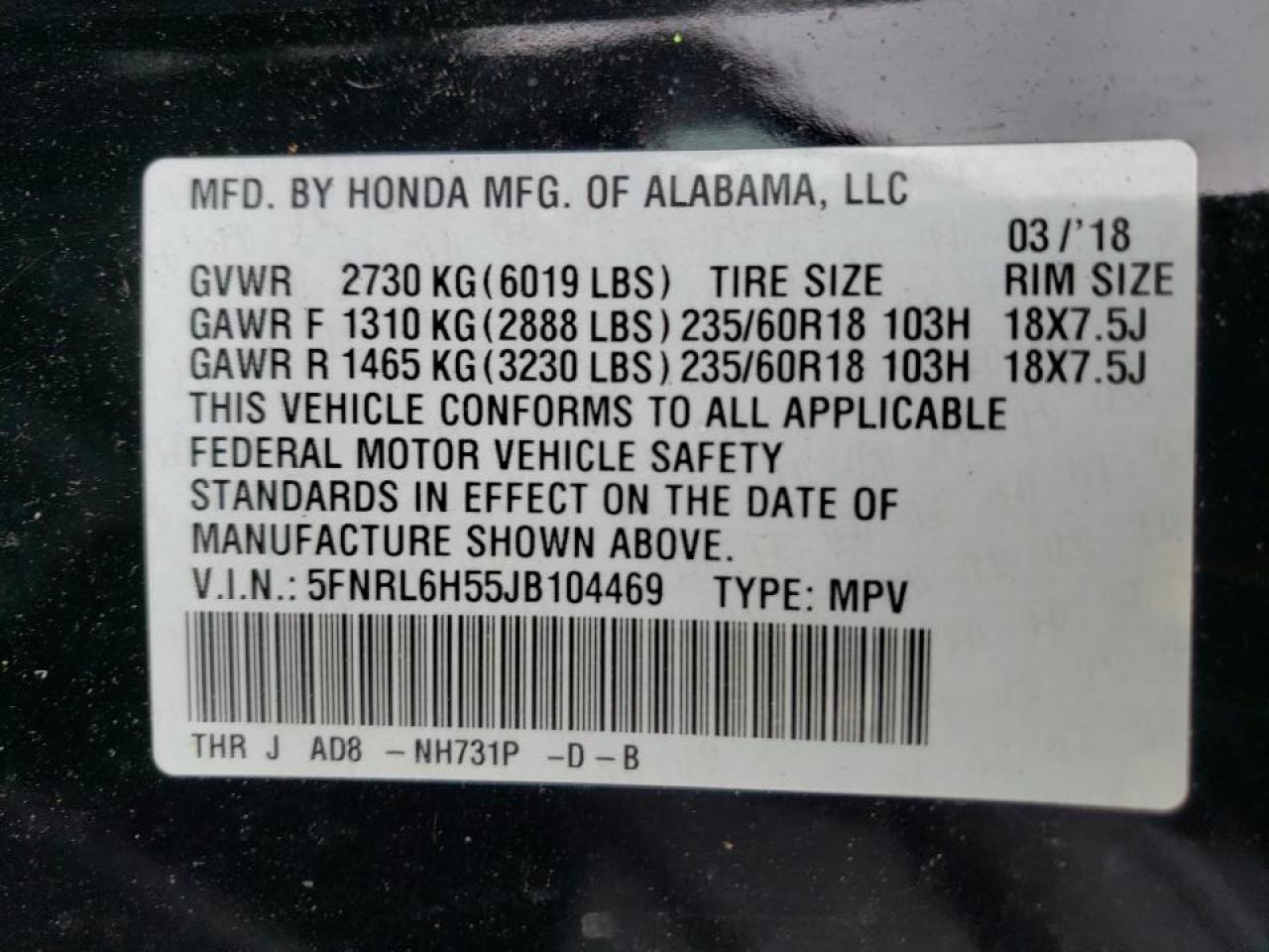 Photo 10 from auction – 2018 HONDA ODYSSEY EX with VIN 5FNRL6H55JB104469