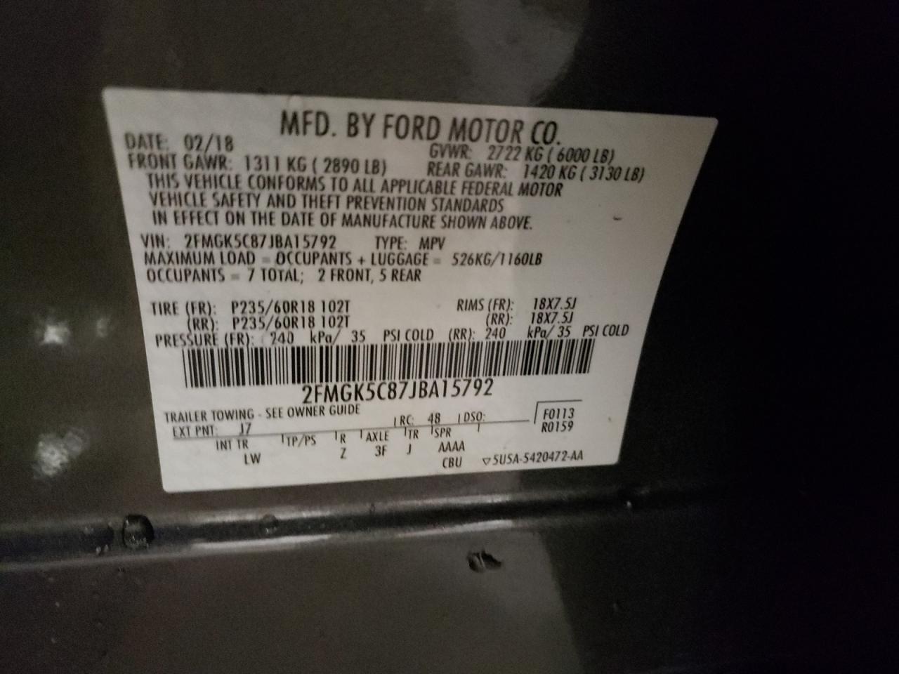 Photo 10 from auction – 2018 FORD FLEX SEL with VIN 2FMGK5C87JBA15792